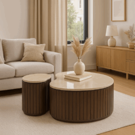 Alternative view of Livingfurn Brix Organische Salontafel Sorai - Mangohout Bruin Bottecino Marmer (Set van 2)