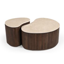 Livingfurn Brix Organische Salontafel Sorai - Mangohout Bruin Bottecino Marmer (Set van 2)